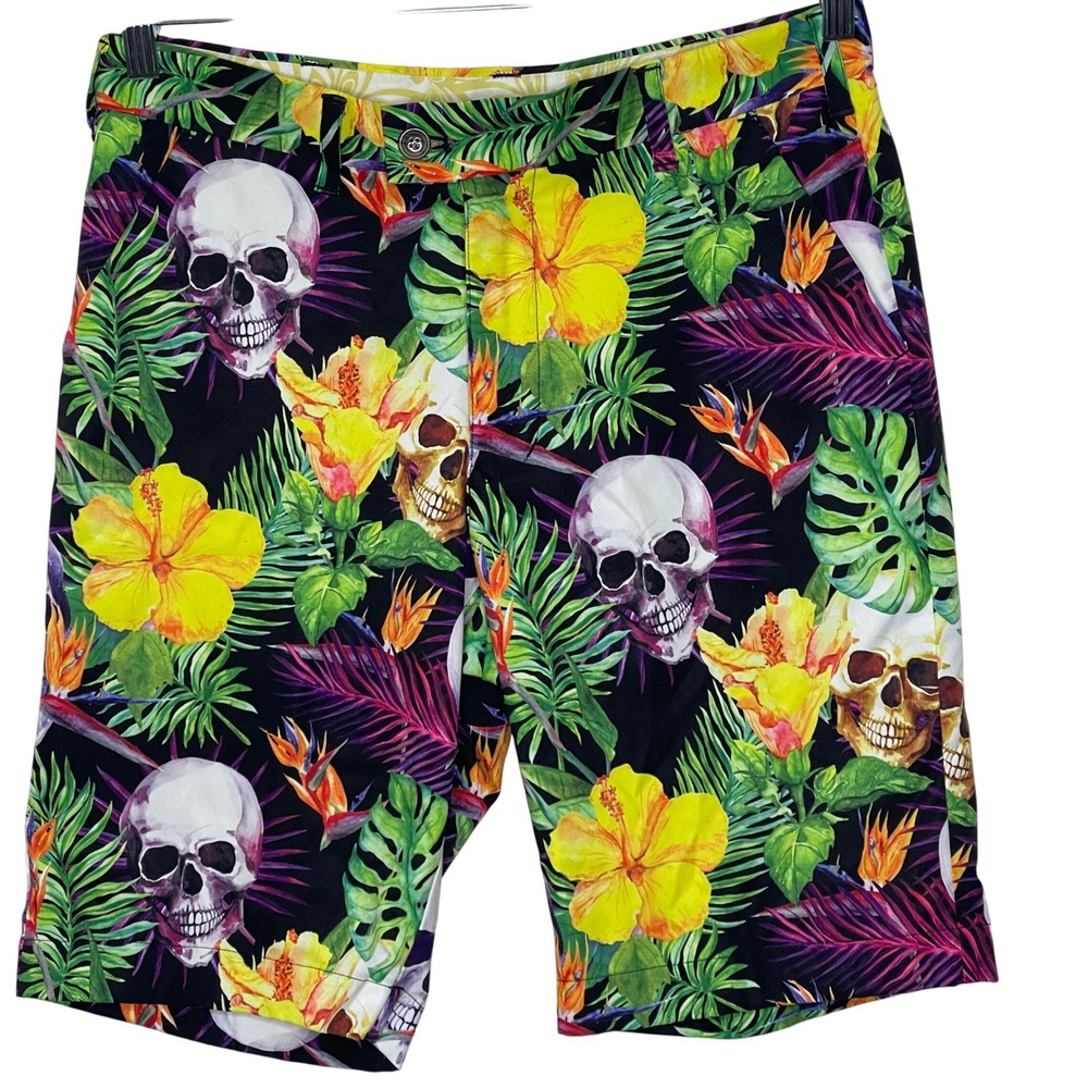 Loudmouth Golf Mens 32 Tropical Skull Floral Hibiscus Black Performance Shorts